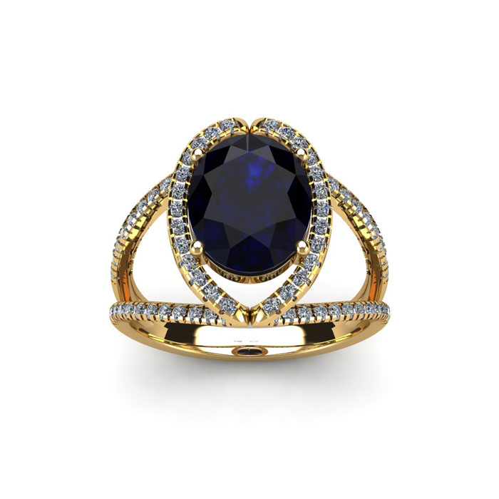 2 Carat Oval Shape Sapphire & Halo Diamond Ring In 14K Yellow Gold (3.5 G), H/I By SuperJeweler