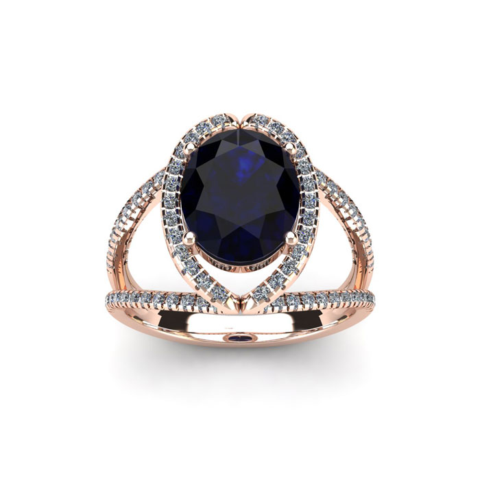 2 Carat Oval Shape Sapphire & Halo Diamond Ring In 14K Rose Gold (3.5 G), H/I By SuperJeweler