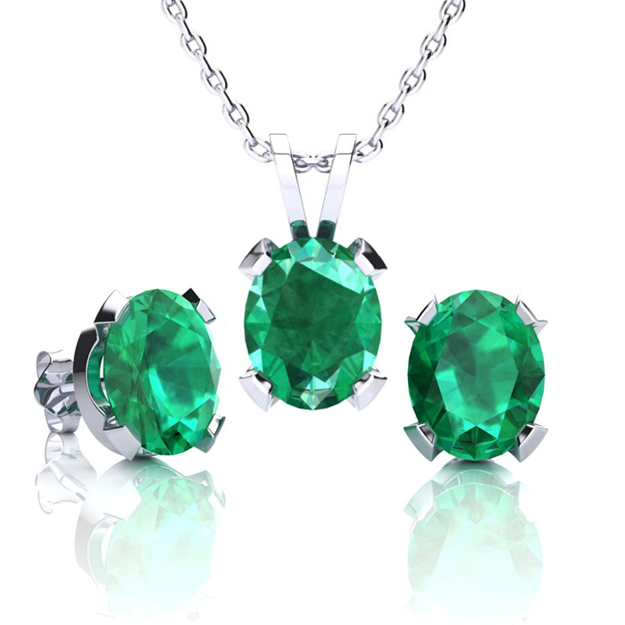 3-1/2 Carat Oval Shape Emerald Necklaces & Earring Set In Sterling Silver, 18 Inch Chain By SuperJeweler