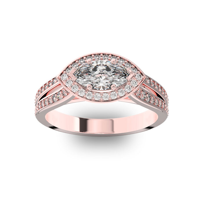 1 Carat Marquise Cut Halo Diamond Engagement Ring in 14 Karat Rose Gold, Split Shank