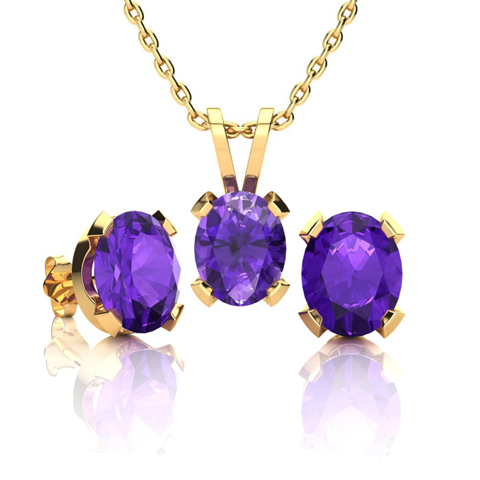 3 Carat Oval Shape Amethyst Necklace & Earring Set In 14K Yellow Gold Over Sterling Silver By SuperJeweler