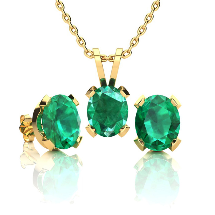 3 Carat Oval Shape Emerald Necklaces & Earring Set In 14K Yellow Gold Over Sterling Silver, 18 Inch Chain By SuperJeweler