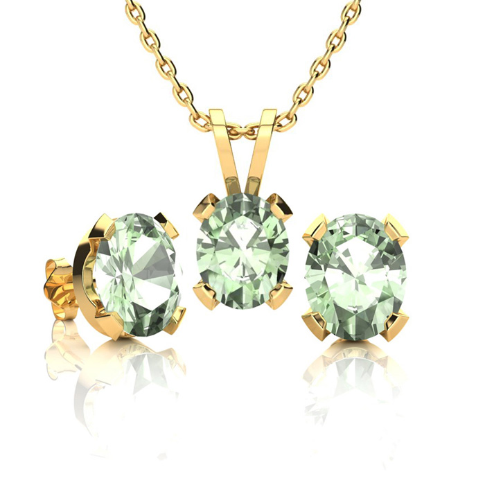 3 Carat Oval Shape Green Amethyst Necklace & Earring Set In 14K Yellow Gold Over Sterling Silver By SuperJeweler