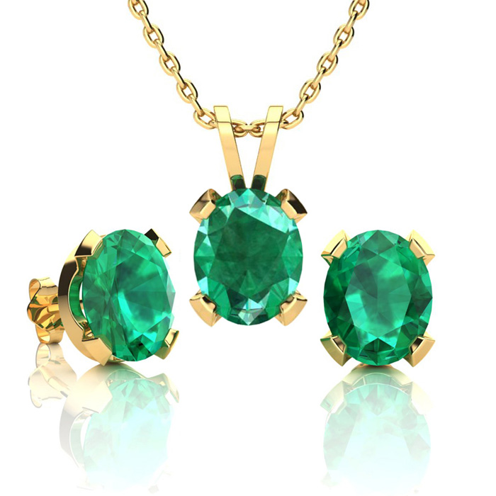 3-1/2 Carat Oval Shape Emerald Necklaces & Earring Set In 14K Yellow Gold Over Sterling Silver, 18 Inch Chain By SuperJeweler