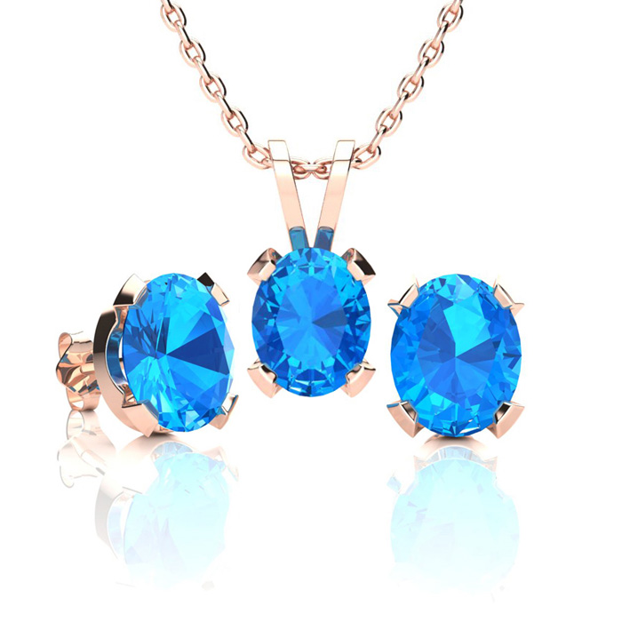 3 Carat Oval Shape Blue Topaz Necklace & Earring Set In 14K Rose Gold Over Sterling Silver By SuperJeweler