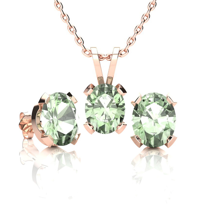 3 Carat Oval Shape Green Amethyst Necklace & Earring Set In 14K Rose Gold Over Sterling Silver By SuperJeweler