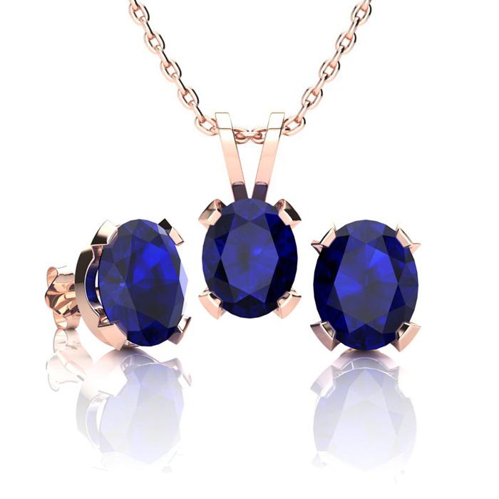 3 Carat Oval Shape Sapphire Necklace & Earring Set in 14K Rose Gold Over Sterling Silver by SuperJeweler