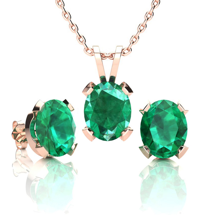 3-1/2 Carat Oval Shape Emerald Necklaces & Earring Set In 14K Rose Gold Over Sterling Silver, 18 Inch Chain By SuperJeweler