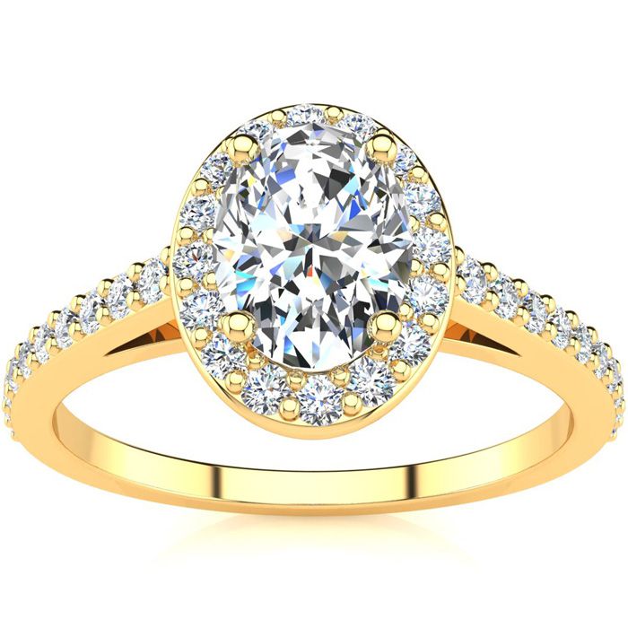 1 Carat Oval Shape Halo Diamond Engagement Ring In 14K Yellow Gold (2.8 G) (I-J, I1-I2 Clarity Enhanced) By SuperJeweler