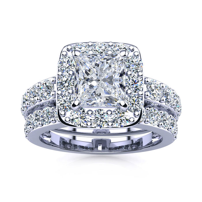 3 1/4 Carat Princess Cut Halo Diamond Bridal Engagement Ring Set 