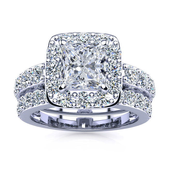 4 1/4 Carat Princess Cut Halo Diamond Bridal Engagement Ring Set 