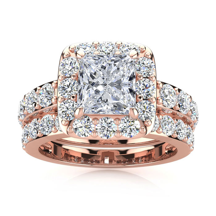 4 1/4 Carat Princess Cut Halo Diamond Bridal Engagement Ring Set in 14k Rose Gold (10 g) (  I1-I2 Clarity Enhanced)  Size 4 by SuperJeweler