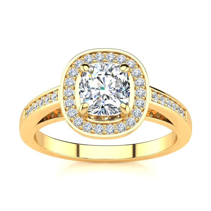 1.25 Carat Cushion Cut Halo Diamond Engagement Ring in 14K Yellow Gold (4 g) (  I1-I2 Clarity Enhanced)  Size 5.5 by SuperJeweler