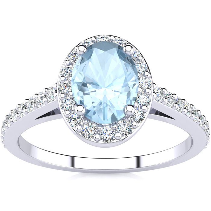 1 Carat Oval Shape Aquamarine & Halo Diamond Ring in 14K White Gold (2.8 g),  by SuperJeweler