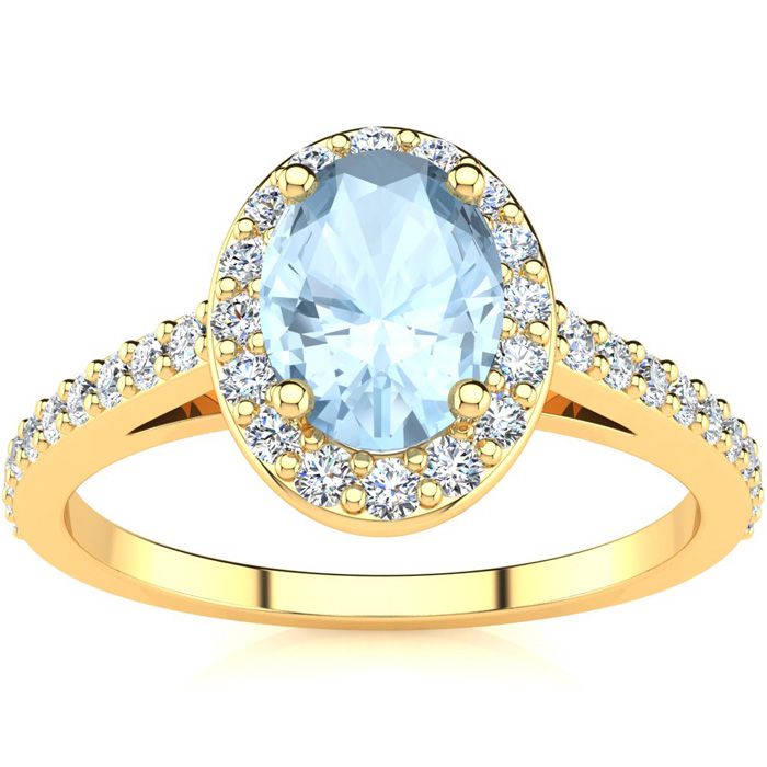 1 Carat Oval Shape Aquamarine & Halo Diamond Ring in 14K Yellow Gold (2.8 g),  by SuperJeweler