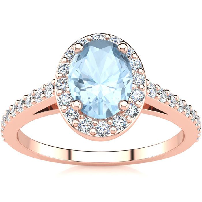 1 Carat Oval Shape Aquamarine & Halo Diamond Ring in 14K Rose Gold (2.8 g),  by SuperJeweler