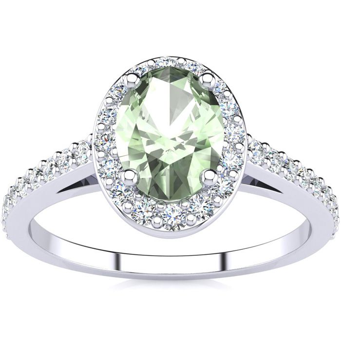 1 Carat Oval Shape Green Amethyst & Halo Diamond Ring in 14K White Gold (2.8 g),  by SuperJeweler