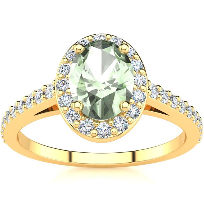 1 Carat Oval Shape Green Amethyst & Halo Diamond Ring in 14K Yellow Gold (2.8 g),  by SuperJeweler