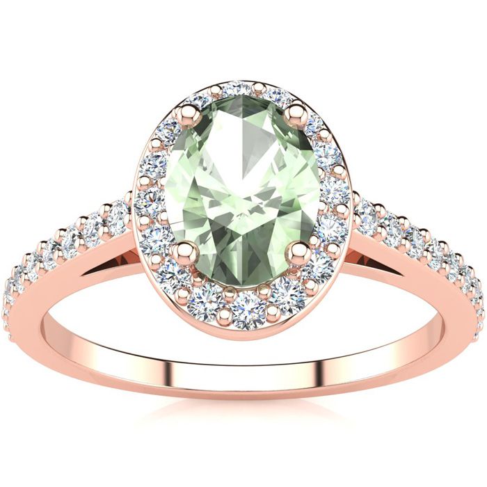 1 Carat Oval Shape Green Amethyst & Halo Diamond Ring in 14K Rose Gold (2.8 g),  by SuperJeweler