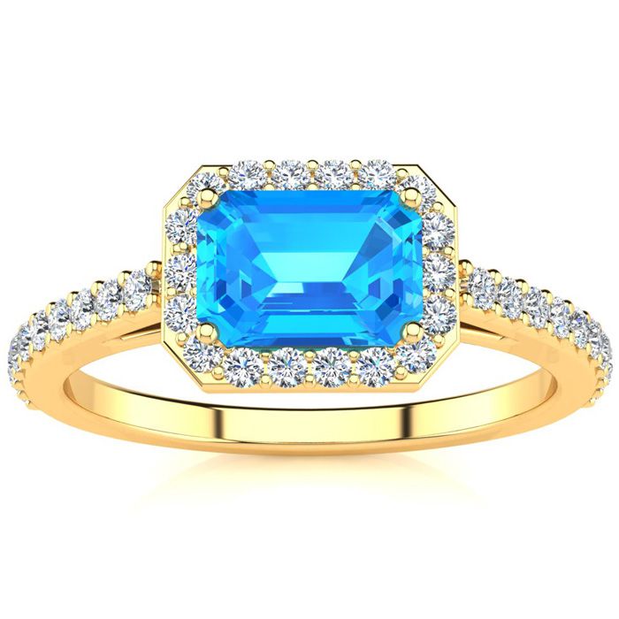 1.5 Carat Blue Topaz & Halo Diamond Ring in 14K Yellow Gold (2.8 g),  by SuperJeweler