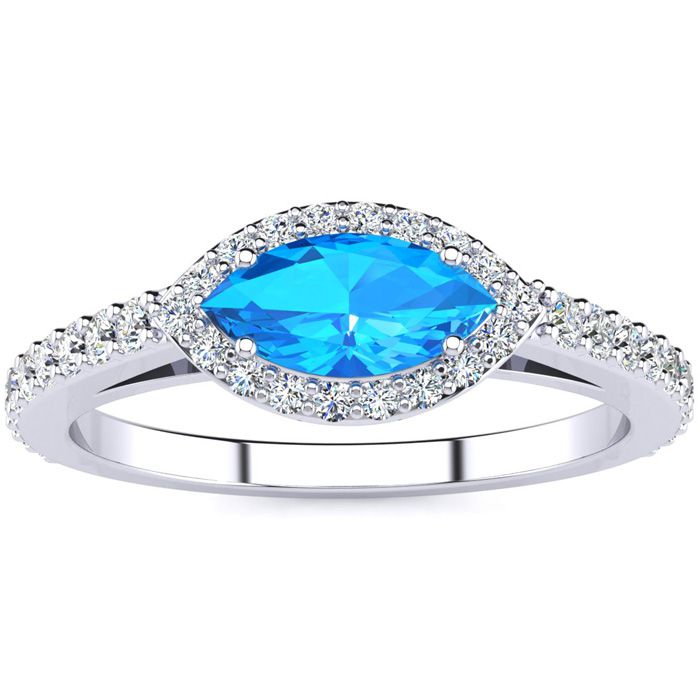 1 Carat Marquise Shape Blue Topaz & Halo Diamond Ring in 14K White Gold (2.7 g),  by SuperJeweler