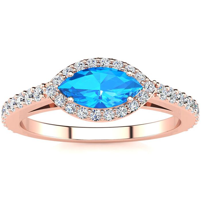 1 Carat Marquise Shape Blue Topaz & Halo Diamond Ring in 14K Rose Gold (2.7 g),  by SuperJeweler