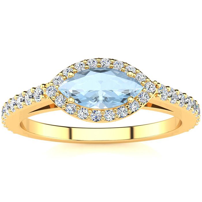 3/4 Carat Marquise Shape Aquamarine & Halo Diamond Ring in 14K Yellow Gold (2.7 g),  by SuperJeweler