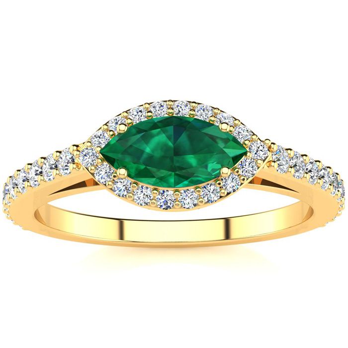 3/4 Carat Marquise Shape Emerald Cut & Halo Diamond Ring in 14K Yellow Gold (2.7 g),  by SuperJeweler