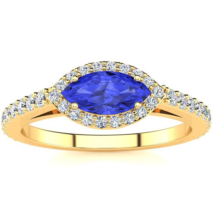 3/4 Carat Marquise Shape Tanzanite & Halo Diamond Ring in 14K Yellow Gold (2.7 g),  by SuperJeweler