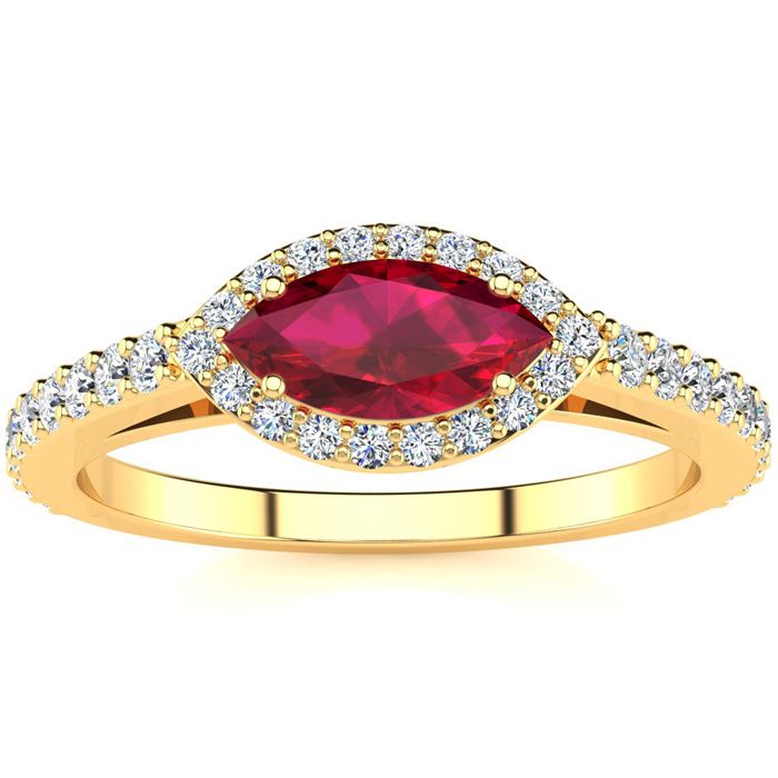 1 Carat Marquise Shape Ruby & Halo Diamond Ring In 14K Yellow Gold (2.7 G), H/I By SuperJeweler