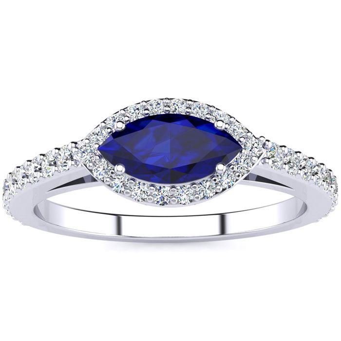 1 Carat Marquise Shape Sapphire & Halo Diamond Ring in 14K White Gold (2.7 g),  by SuperJeweler