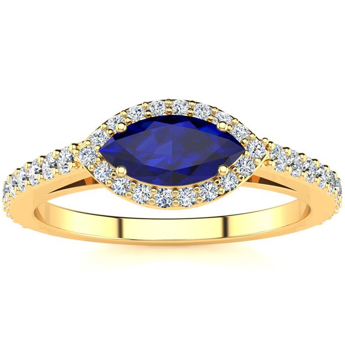 1 Carat Marquise Shape Sapphire & Halo Diamond Ring in 14K Yellow Gold (2.7 g),  by SuperJeweler