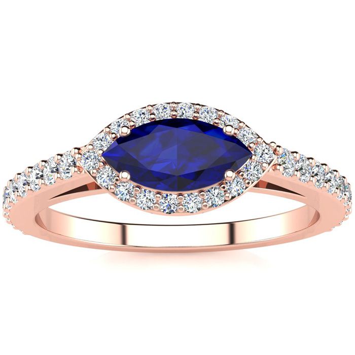 1 Carat Marquise Shape Sapphire & Halo Diamond Ring In 14K Rose Gold (2.7 G), H/I By SuperJeweler