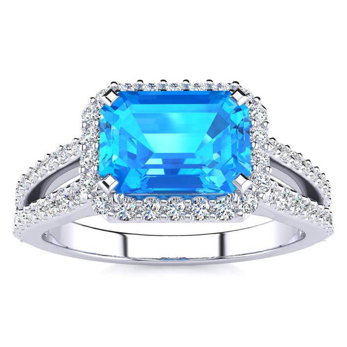 1.5 Carat Antique Blue Topaz & Halo Diamond Ring in 14K White Gold (3.9 g),  by SuperJeweler