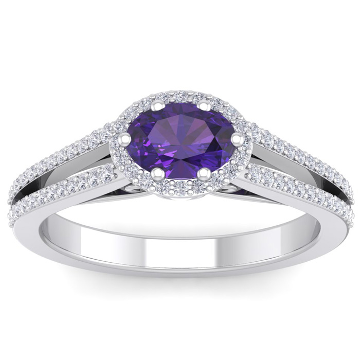 1 Carat Oval Shape Antique Amethyst & Halo Diamond Ring in 14K White Gold (3.8 g),  by SuperJeweler