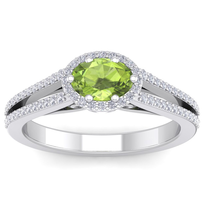 1 1/3 Carat Oval Shape Antique Peridot & Halo Diamond Ring in 14K White Gold (3.8 g),  by SuperJeweler