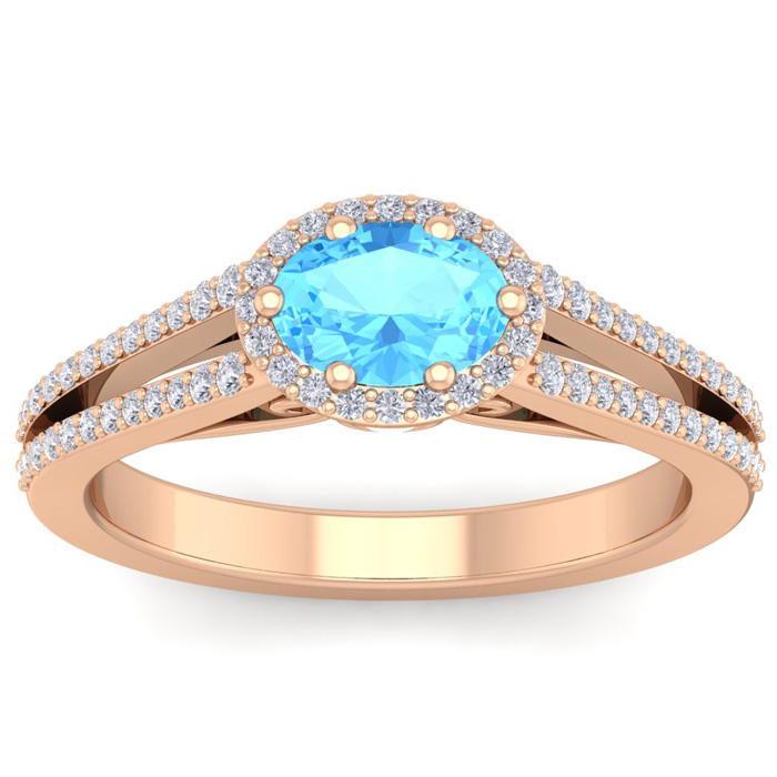 1.5 Carat Oval Shape Antique Blue Topaz & Halo Diamond Ring in 14K Rose Gold (3.8 g),  by SuperJeweler