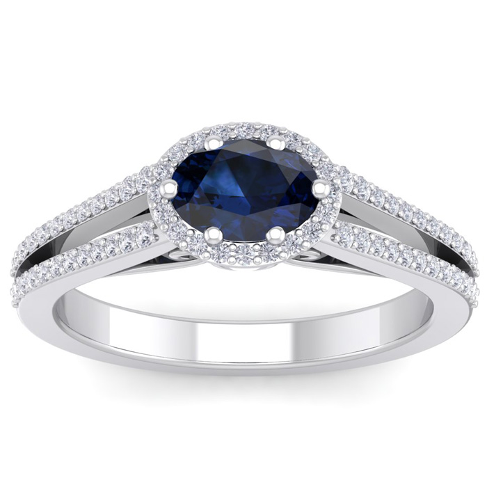 1.5 Carat Oval Shape Antique Sapphire & Halo Diamond Ring in 14K White Gold (3.8 g),  by SuperJeweler