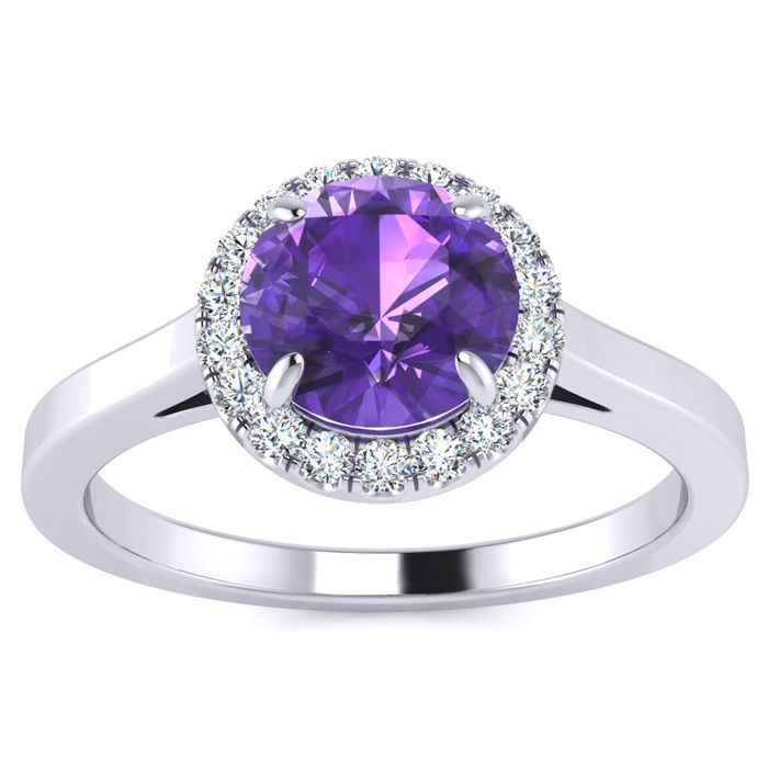 3/4 Carat Round Shape Amethyst & Halo Diamond Ring in 14K White Gold (3.2 g),  by SuperJeweler