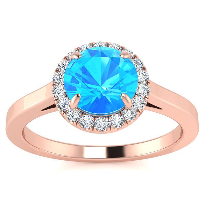 1 Carat Round Shape Blue Topaz & Halo Diamond Ring in 14K Rose Gold (3.2 g),  by SuperJeweler