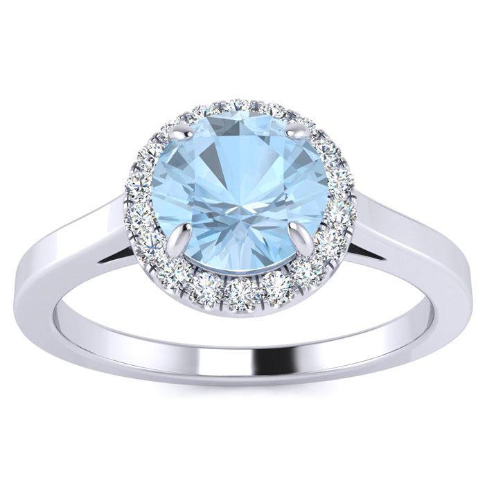 1 Carat Round Shape Aquamarine & Halo Diamond Ring in 14K White Gold (3.2 g),  by SuperJeweler