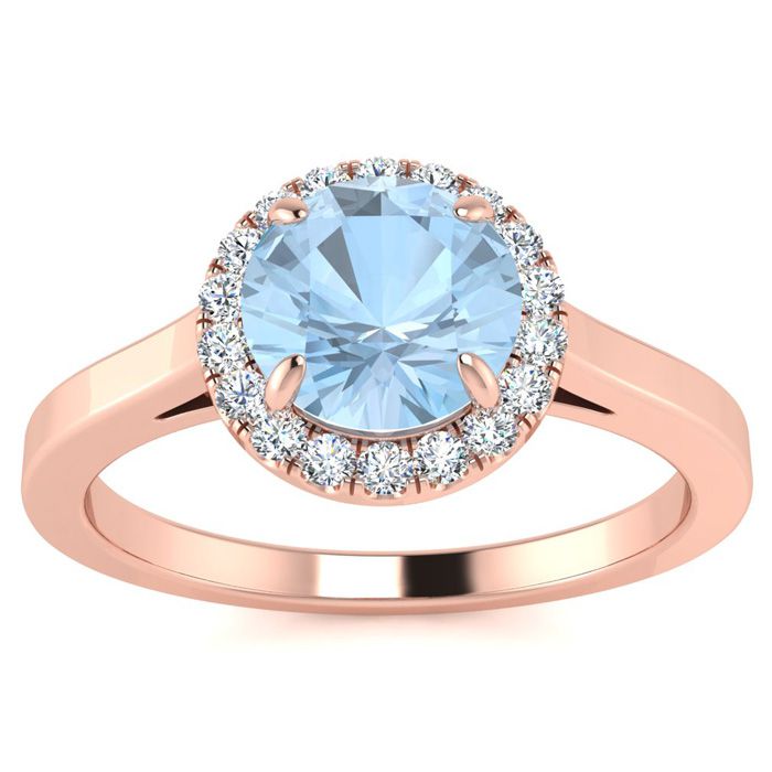 1 Carat Round Shape Aquamarine & Halo Diamond Ring in 14K Rose Gold (3.2 g),  by SuperJeweler