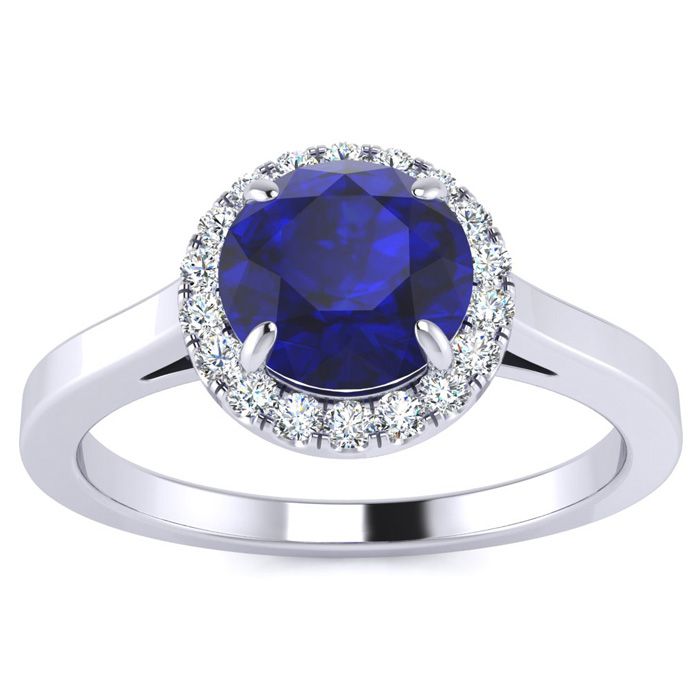 1 Carat Round Shape Sapphire & Halo Diamond Ring in 14K White Gold (3.2 g),  by SuperJeweler