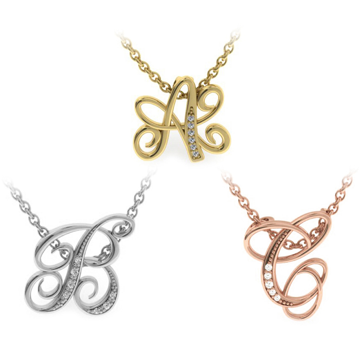 Serif Diamond Initial Diamond Necklace in Yellow Gold, White Gold & Rose Gold by SuperJeweler