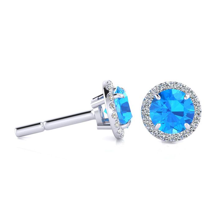 1.25 Carat Round Shape Blue Topaz & Halo Diamond Earrings in 14K White Gold (1.4 g),  by SuperJeweler