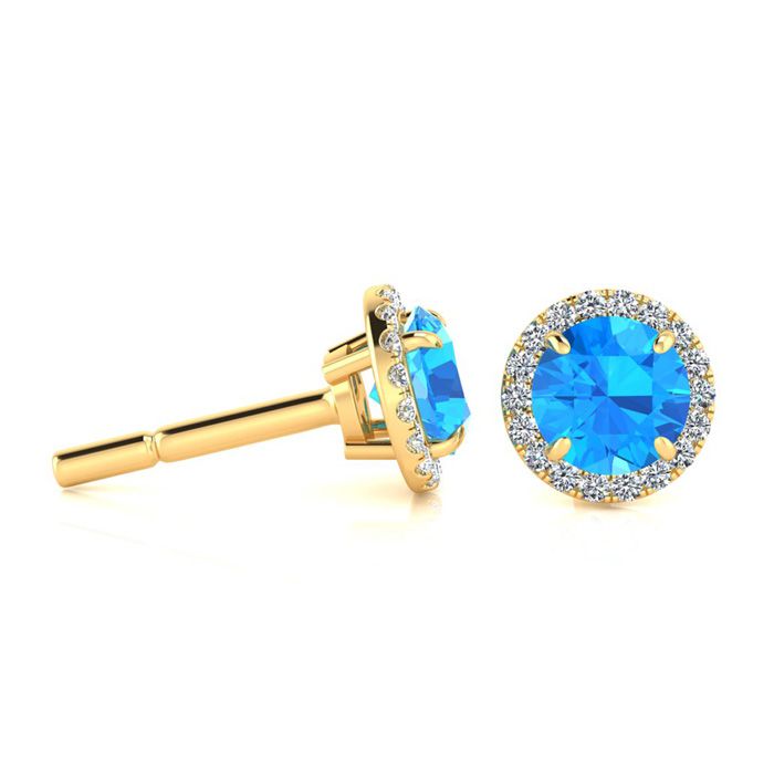 1.25 Carat Round Shape Blue Topaz & Halo Diamond Earrings in 14K Yellow Gold (1.4 g),  by SuperJeweler