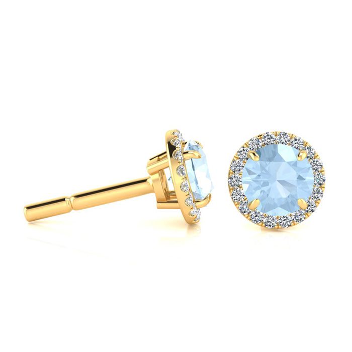 1 Carat Round Shape Aquamarine & Halo Diamond Earrings in 14K Yellow Gold (1.4 g),  by SuperJeweler