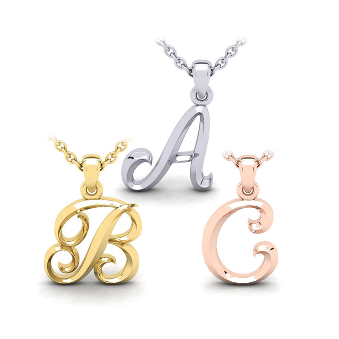 Bold Swirly Initial Necklace in Heavy 14K Gold w/ Free 18 Inch Chain by SuperJeweler