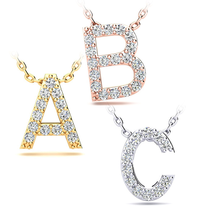 Diamond Initial Necklace w/ 9 to 13 White Fiery Diamonds in 14K Gold w/ Free 18 Inch Necklace by SuperJeweler