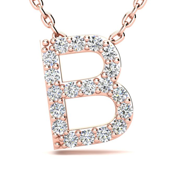 Letter B Diamond Initial Necklace in 14K Rose Gold (2.4 g) w/ 13 Diamonds, , 18 Inch Chain by SuperJeweler